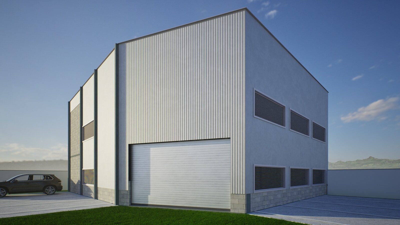 Modern industrial building with large garage door